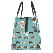 Load image into Gallery viewer, Side image of an Australian Shepherd lunch bag in the cutest Australian Shepherds in all colors design
