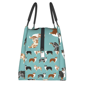 Side image of an Australian Shepherd lunch bag in the cutest Australian Shepherds in all colors design