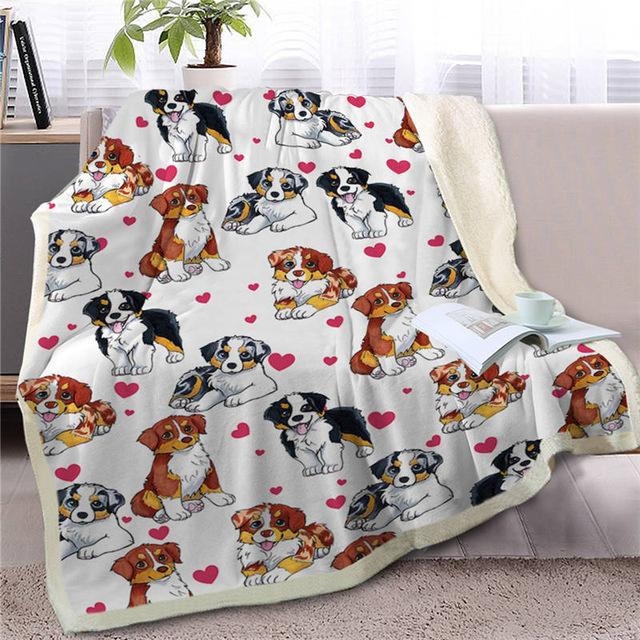 Image of a super cute smiling Australian Shepherd blanket with infinite mini Australian Shepherds in all colors design