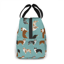 Load image into Gallery viewer, Side image of an Australian Shepherd lunch bag with Exterior Pocket