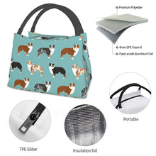Load image into Gallery viewer, Detailed info of an Australian Shepherd lunch bag in the cutest Australian Shepherds in all colors design