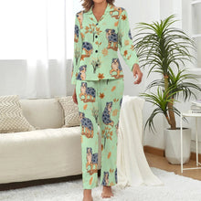 Load image into Gallery viewer, image of  a woman wearing a cute Australian shepherd pajamas set in green