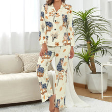 Load image into Gallery viewer, image of a woman wearing a beige pajamas set with autumn leaves design - 