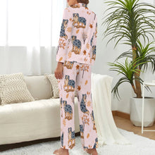 Load image into Gallery viewer, image of a woman wearing a blush pink pajamas set with autumn leaves design - back view