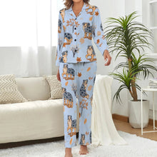 Load image into Gallery viewer, image of  a woman wearing a cute Australian shepherd pajamas set in blue