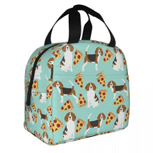 Load image into Gallery viewer, Image of an insulated Beagle bag with exterior pocket in beagles and pizzas design