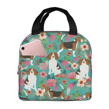 Load image into Gallery viewer, Image of an insulated Beagle  in bloom design Beagle lunch bag with exterior pocket
