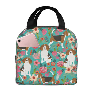Image of an insulated Beagle  in bloom design Beagle lunch bag with exterior pocket