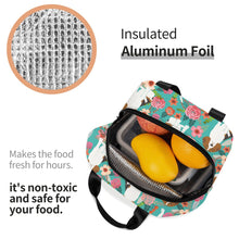 Load image into Gallery viewer, Open image of an insulated Beagle lunch bag with exterior pocket in bloom design