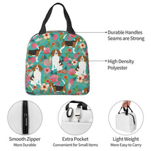 Load image into Gallery viewer, Information detail image of an insulated Beagle lunch bag with exterior pocket in bloom design