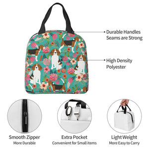 Information detail image of an insulated Beagle lunch bag with exterior pocket in bloom design