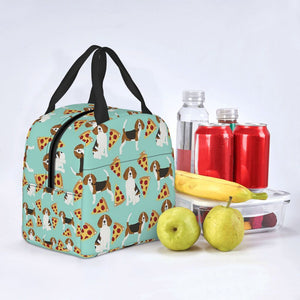 Image of an insulated Beagle lunch bag in beagles and pizzas design