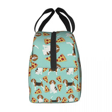 Load image into Gallery viewer, Side image of an insulated Beagle lunch bag with exterior pocket in beagles and pizzas design