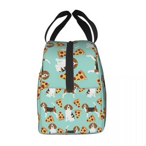 Side image of an insulated Beagle lunch bag with exterior pocket in beagles and pizzas design
