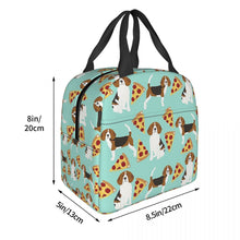 Load image into Gallery viewer, Image of the size of an insulated Beagle lunch bag with exterior pocket in beagles and pizzas design