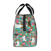 Load image into Gallery viewer, Side image of an insulated Beagle lunch bag with exterior pocket in bloom design