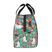Side image of an insulated Beagle lunch bag with exterior pocket in bloom design
