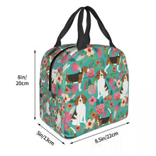 Load image into Gallery viewer, Image of the size of an insulated Beagle lunch bag with exterior pocket in bloom design