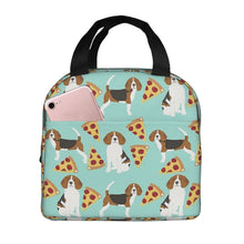 Load image into Gallery viewer, Image of an insulated Beagle lunch bag with exterior pocket in beagles and pizzas design