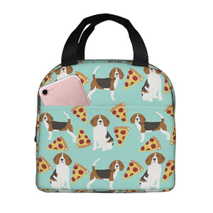 Image of an insulated Beagle lunch bag with exterior pocket in beagles and pizzas design