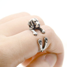 Load image into Gallery viewer, Image of a finger wrap Beagle ring on the finger of a person in the color Antique Silver