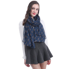 Load image into Gallery viewer, Image of a lady wearing an infinite print Beagle scarf in the navy blue color