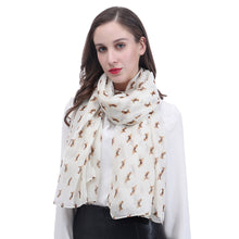 Load image into Gallery viewer, Image of a lady wearing an infinite print Beagle scarf in the beige color
