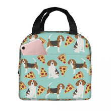 Load image into Gallery viewer, Image of an insulated beagles and pizzas design Beagle lunch bag with exterior pocket