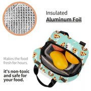 Open image of an insulated Beagle lunch bag with exterior pocket in beagles and pizzas design