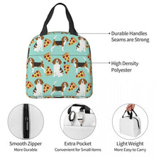 Load image into Gallery viewer, Information detail image of an insulated Beagle lunch bag with exterior pocket in beagles and pizzas design