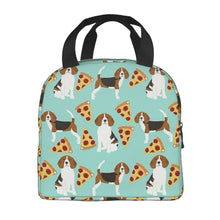 Load image into Gallery viewer, Image of an insulated beagles and pizzas design Beagle bag with exterior pocket