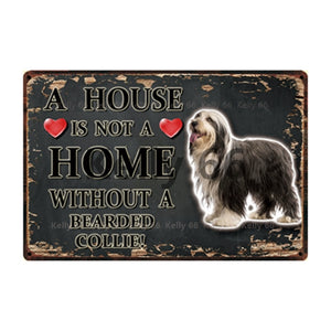 Image of a Bearded Collie Signboard with a text 'A House Is Not A Home Without A Bearded Collie' on a dark background