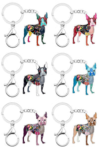 Image of six enamel boston terrier keychains in six different colors