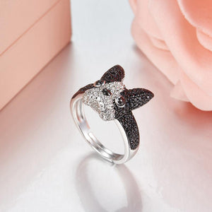 Image of a beautiful studded silver ring in the shape of a Boston Terrier