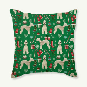 Image of a green color Bedlington Terrier Cushion Cover in Merry Christmas Bedlington Terriers and Christmas ornaments design