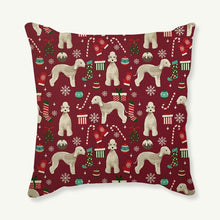 Load image into Gallery viewer, Image of a red color Bedlington Terrier Cushion Cover in Merry Christmas Bedlington Terriers and Christmas ornaments design