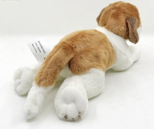 This image shows the back of  cute Belly Flop Saint Bernard Stuffed Animal Plush Toy lying on the floor.