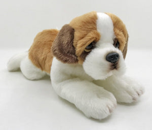 Image of a super cute Saint Bernard stuffed animal plush toy lying on the floor with soft fur