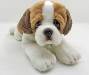 Image of a super cute Saint Bernard stuffed animal plush toy looking at the camera