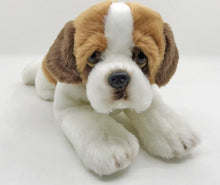 Load image into Gallery viewer, This image shows a cute Belly Flop Saint Bernard Stuffed Animal Plush Toy looking at you while lying on the floor.