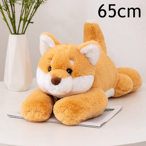 This image  shows a large  adorable Shiba Inu Stuffed Animal sitting on a table.