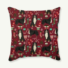 Load image into Gallery viewer, Image of a Bernese Mountain Dog Christmas Cushion Cover in Merry Christmas Bernese Mountain Dogs and Christmas ornaments design