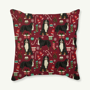Image of a Bernese Mountain Dog Christmas Cushion Cover in Merry Christmas Bernese Mountain Dogs and Christmas ornaments design
