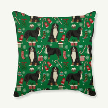Load image into Gallery viewer, Image of a green color Bernese Mountain Dog Cushion Cover in Merry Christmas Bernese Mountain Dogs and Christmas ornaments design