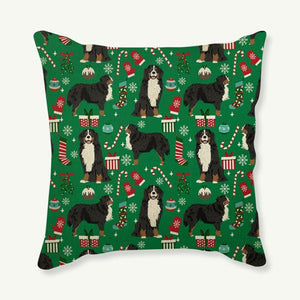 Image of a green color Bernese Mountain Dog Cushion Cover in Merry Christmas Bernese Mountain Dogs and Christmas ornaments design