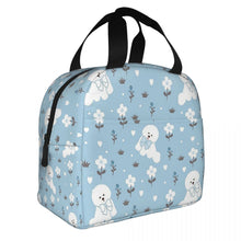 Load image into Gallery viewer, Image of an insulated Bichon Frise bag with exterior pocket in bowtie bichon frise design