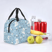 Load image into Gallery viewer, Image of an insulated Bichon Frise lunch bag in bowtie bichon frise design