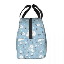 Load image into Gallery viewer, Side image of an insulated Bichon Frise lunch bag with exterior pocket in bowtie bichon frise design