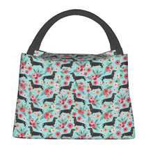 Load image into Gallery viewer, Image of weenie dog lunch bag in black and tan weenie dogs design