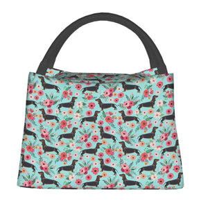 Image of weenie dog lunch bag in black and tan weenie dogs design
